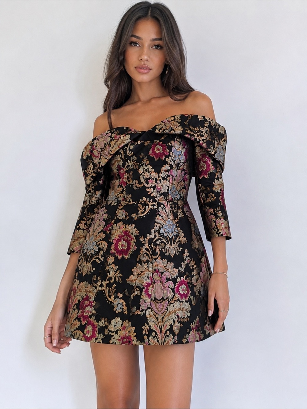 Asos design Off-Shoulder Black Floral Jacquard Mini Dress